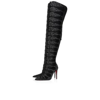 Circus Max Perla Botta Alta – 100 mm lårhøje støvler – ruskind, mesh og strass – sort – kvinder Christian Louboutin USA